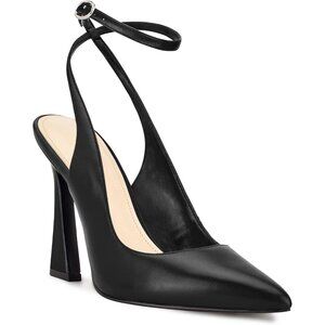 Women's Black Faux Leather Pointed Toe Closed Ankle Strap Stylish Comfort Heel